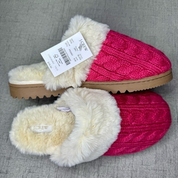 NWT J. Crew Pink Cable Knit Fur Slippers 7 8 9 Christmas Gift Holiday Gifts - Picture 12 of 15